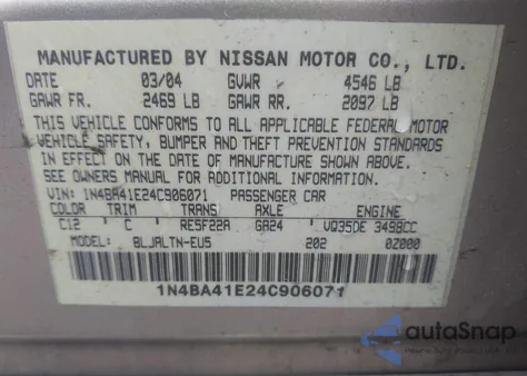 2004 Nissan Maxima 3.5 Se from USA, damaged, VIN 1N4BA41E24C906071